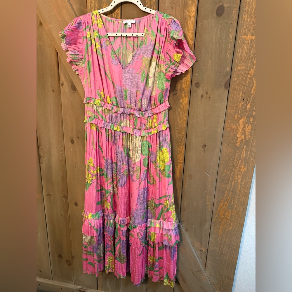 Current Air Pink Floral Midi Dress with Green & Purple Accents